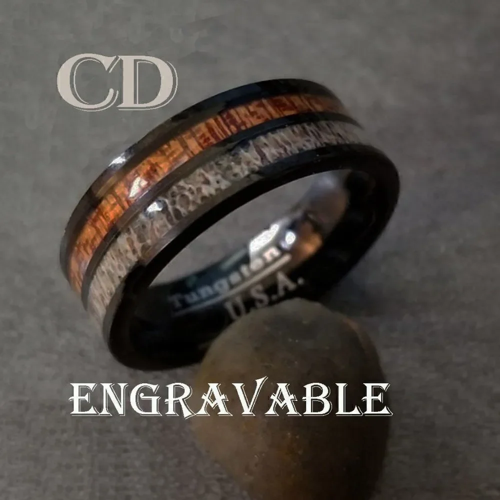 Personalized Men's Real Black Tungsten Wedding Ring - Deer bone and Koa Wood